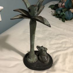 Patina’d Green Palm Tree And Elephant Candle Holder