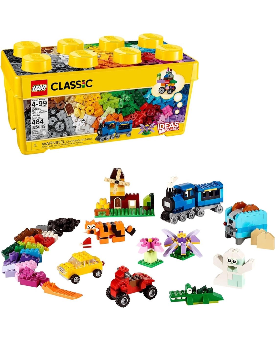 LEGO Classic Medium Creative Brick Box 10696 Building Toy Set - Featuring Storage, Includes Train, Car, and a Tiger Figure, and Playset for Kids, Boys