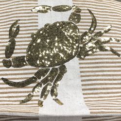 Tan & White Striped Jute Tote With Gold Sequined Crab