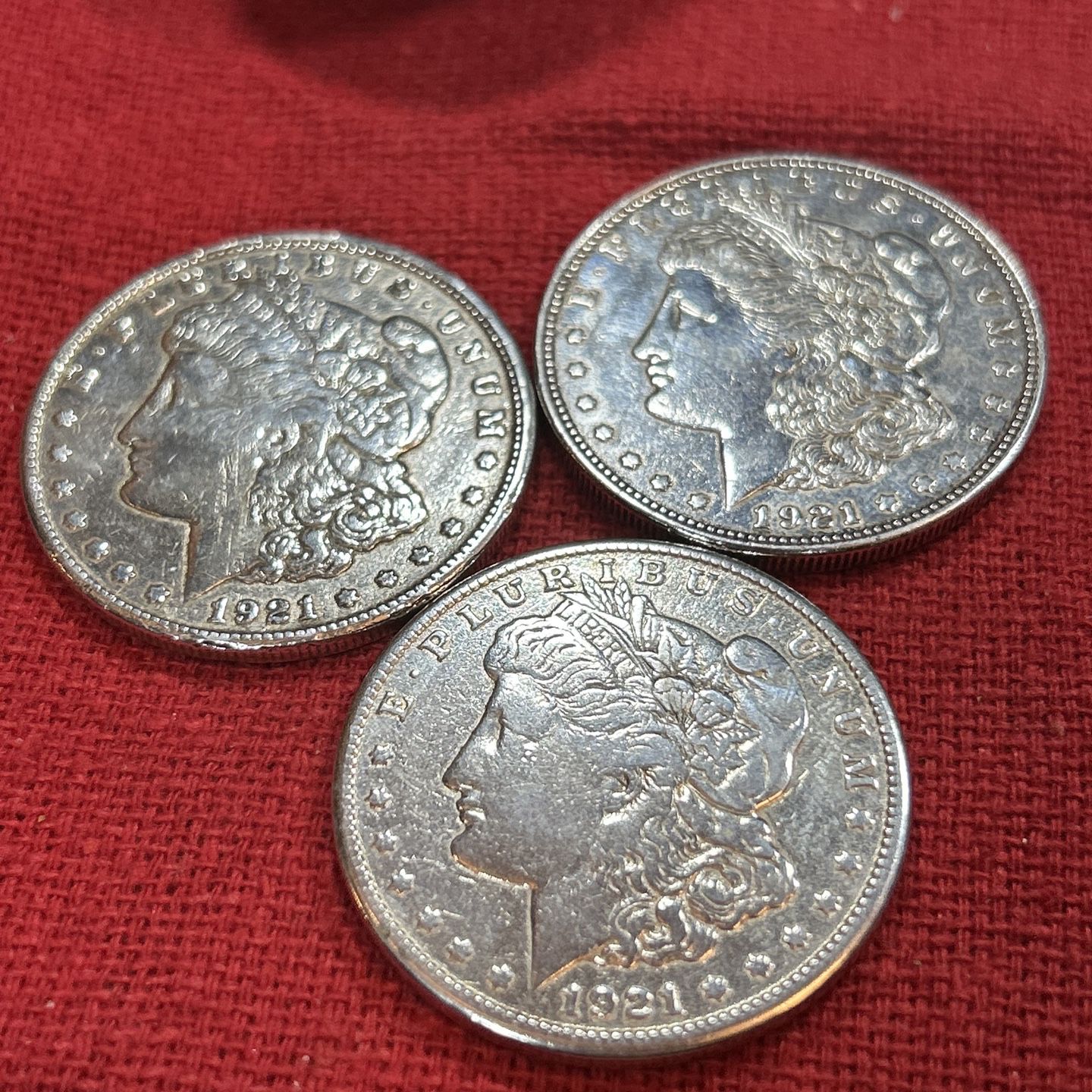 3-lot 1921 Morgan Silver Dollar 1 ea Coins P, D, S Mints