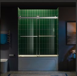 REFT-6062-BG，Frameless Double Sliding Tub Door with Soft Close System, 56-60" Width x 62"Height with 3/8"(10mm) Clear Tempered Glass in Brushed Gold F
