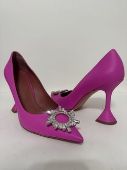 Pink Leather Pumps with Crystal Brooch