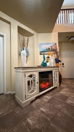 Electric Fireplace TV Console Cabinet Realyn 74” inches long farmhouse style