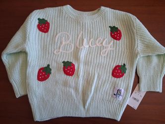 Bluey 18M Green Knit Pullover Sweater Crew Neck Long Sleeve Strawberry Graphic