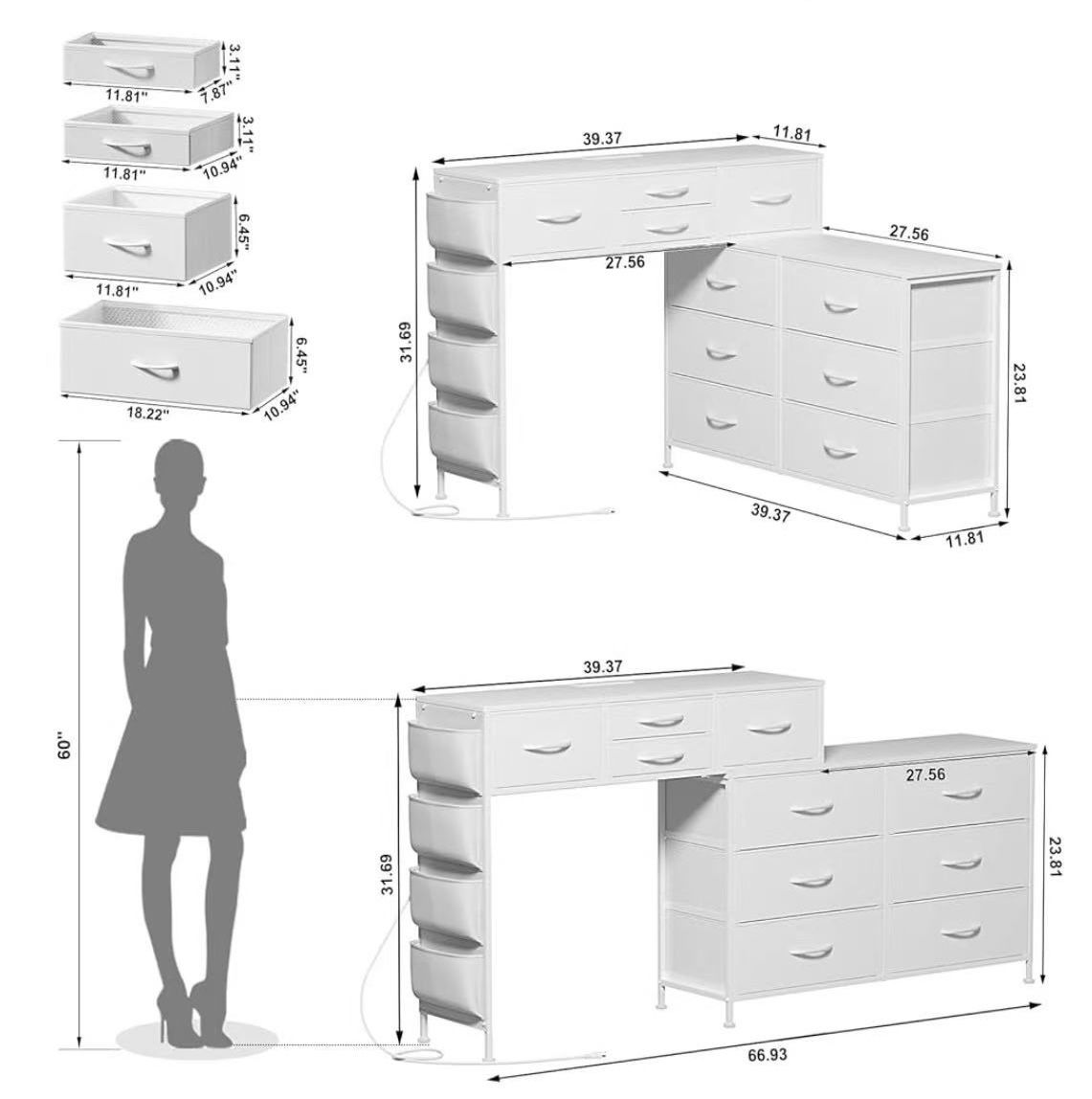 😀 Dresser for Bedroom with Charging Station and LED Light, 67" Rotatable Vanity Desk with Side Pockets, Makeup Table with 10 Fabric Drawers,