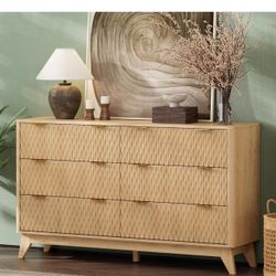 Fluted 6 Drawers Dresser, Modern Dressers & Chests of Drawers, 54" Wide Light Wood Dresser for Bedroom, Storage Cabinet Organizer for Hallway(Natural 