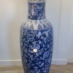 Blue & White Floral Chinoiserie Vase – 48” Tall