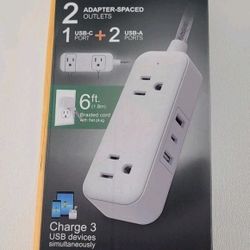 GE UltraPro USB-Charging Extension Cord with 2-Outlets + 2 USB-A + 1 USB-C Ports
