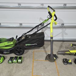 ALL ELECTRIC!!!!! Lawn Mower, Electric Weed Wacker, Electric Leaf Blower With Batteries And Chargers