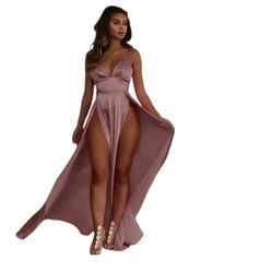 Satin Dress With High Split Beige 