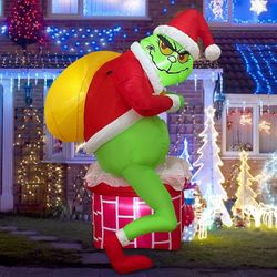 Green Santa Chimney Inflatables Outdoor Decor Grinch Inspo Blow Up Yard Decorations LED Light, Xmas Winter Holiday Party Yard Garden Lawn