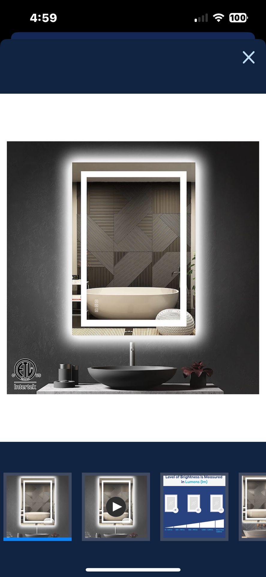 Waterpar 28”x20”horizontal Dimmable Lighted Fog Free Mirror