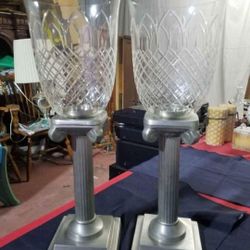 Set of two large tall heavy pewter column and cut crystal hurricane glass candle sticks holders 17.5 inches tall slight chip in one glass last picture