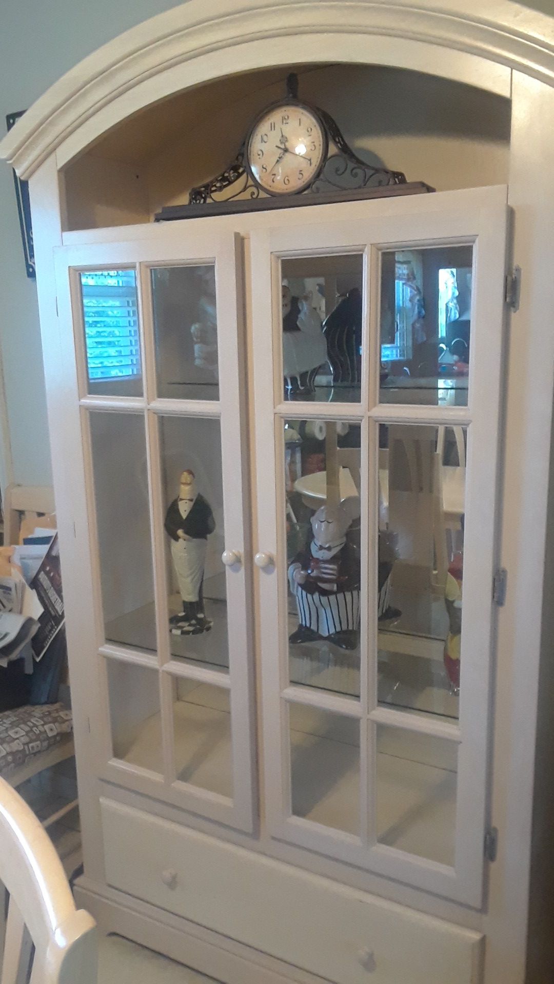 Dining room Hutch with glass doors in the back drawer on the bottom table to match with 6 chairs cream colored