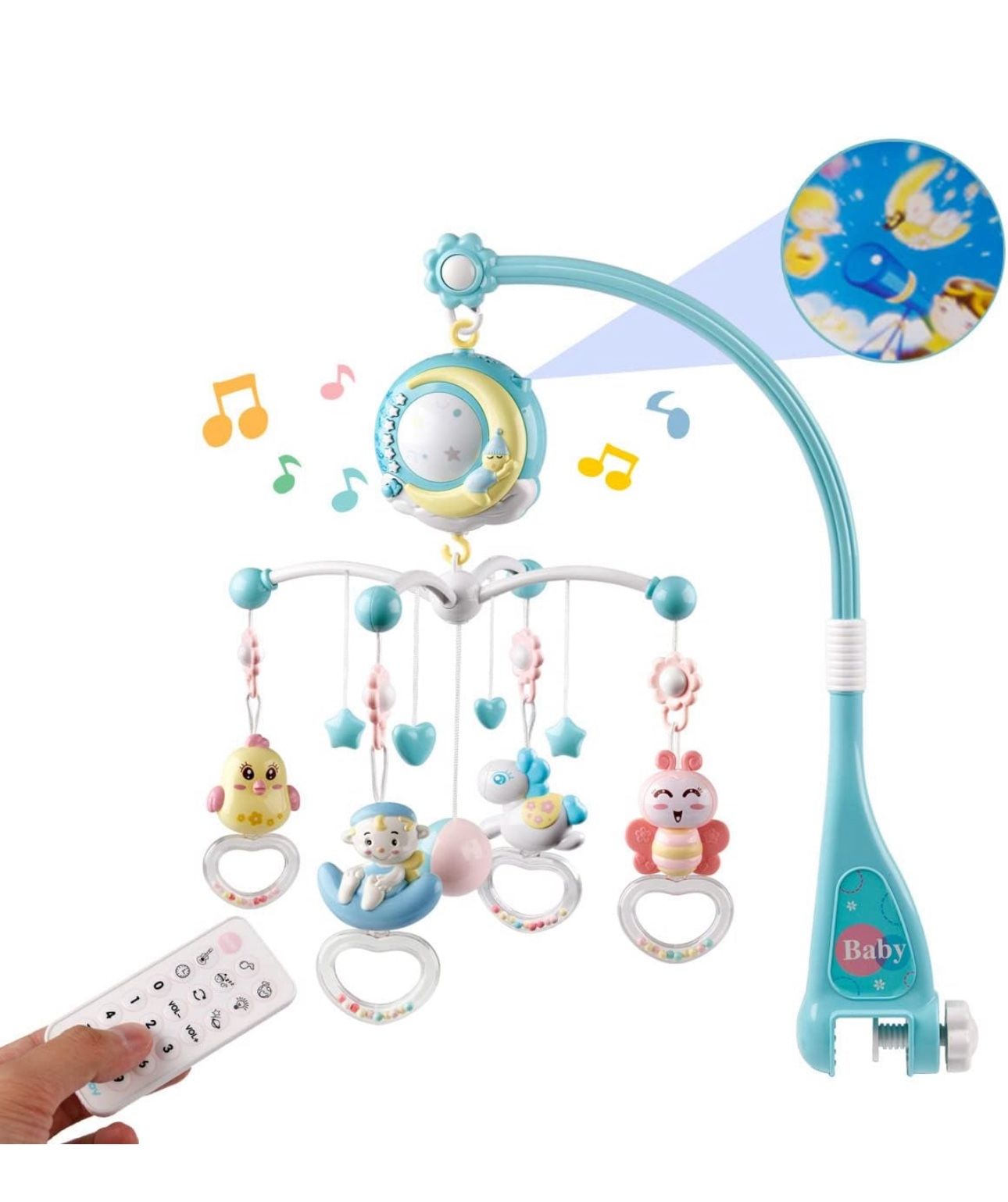 Baby Musical Mobile Crib with Music and Lights, Timing Function, Projection, Take-Along Rattle and Music Box for Babies Boy Girl Toddler Sleep