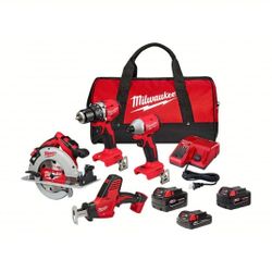 MILWAUKEE Tool Combination Kit: 4 Tools, Circular Saw/Hammer Drill/Impact Driver/Reciprocating Saw