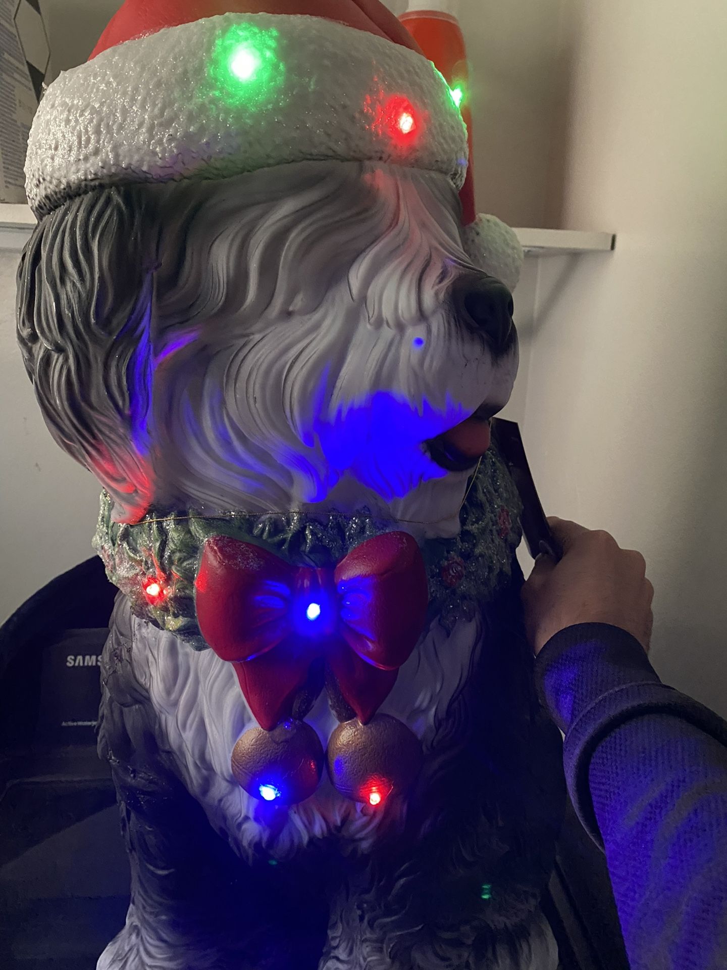 Old English Sheepdog Christmas Santa Hat Xmas Color Lights Poster