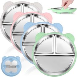 4 Pack Stainless Steel Toddler Plates with Suction - 9" Kids Divided Plates...
