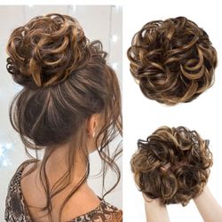 Large Messy Bun Hair Piece Wavy Curly Scrunchies Synthetic Chignon Ponytail Hair Extensions Thick Updo Hairpieces for Women Dark Brown/Golden Blonde 