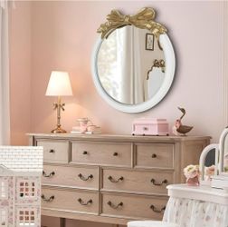 Antique Bow Round 26x26 inch Wall Mirror, White and Gold Bow Frame Circle Mirror for Wall Decor for Bathroom Sink, Living Room, Hallway & Bedroom
