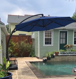 11 ft. Cantilever Patio Umbrella with Base, Aluminum Offset 360° Rotation Outdoor Umbrella, Navy Blue