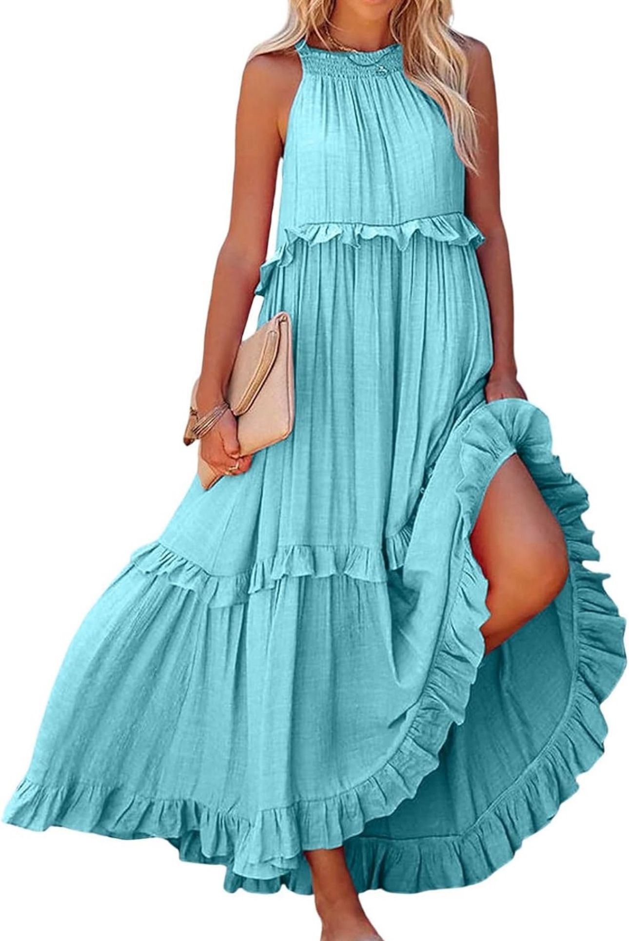 Summer Sleeveless Halter Neck Tiered Dress Flowy Ruffle Long Beach Maxi Dress Sundress