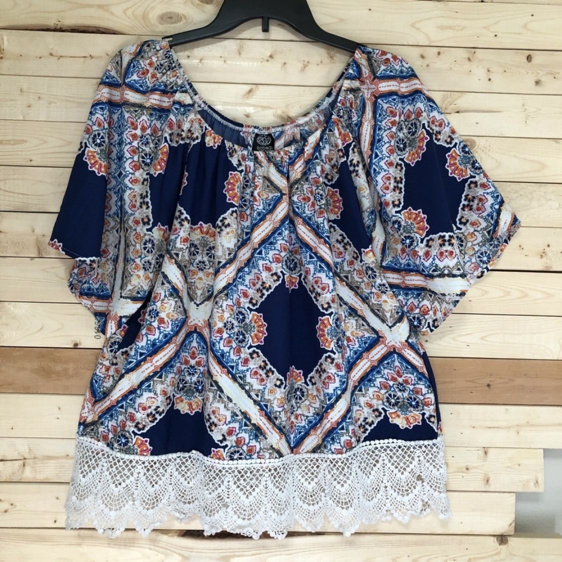 Bobeau Navy Blue Multicolored Medallion Print Bohemian Cream Lace hem Top size L