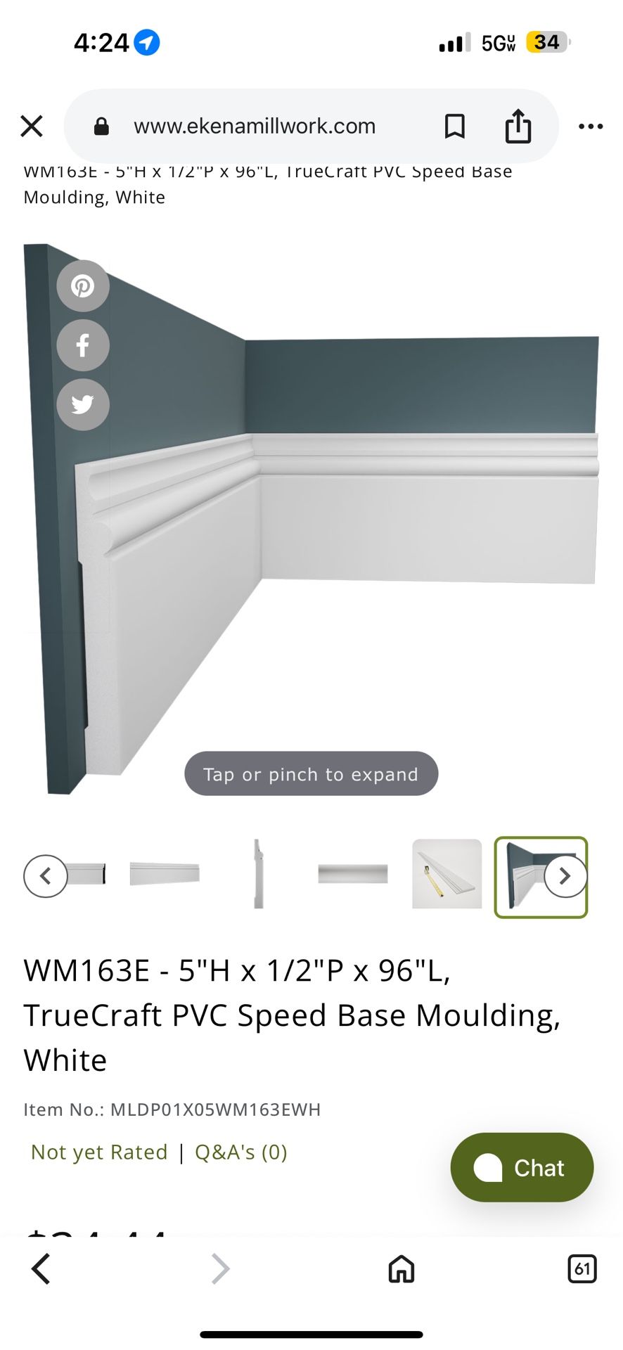 Ekena Millwork 5 in. x 1/2 in. x 96 in. Speed Base Molding, PVC