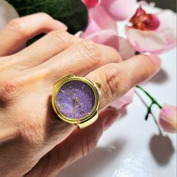Gold lilac glitter face women's ladies unisex ring watch gift