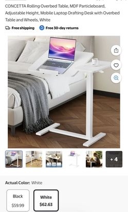 CONCETTA Rolling Overbed Table, MDF Particleboard, Adjustable Height, Mobile Laptop Drafting Desk with Overbed Table and Wheels, White