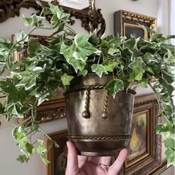 Vintage Brass Wall Pocket Hanging Planter, Faux Ivy Plant, Home Decor 