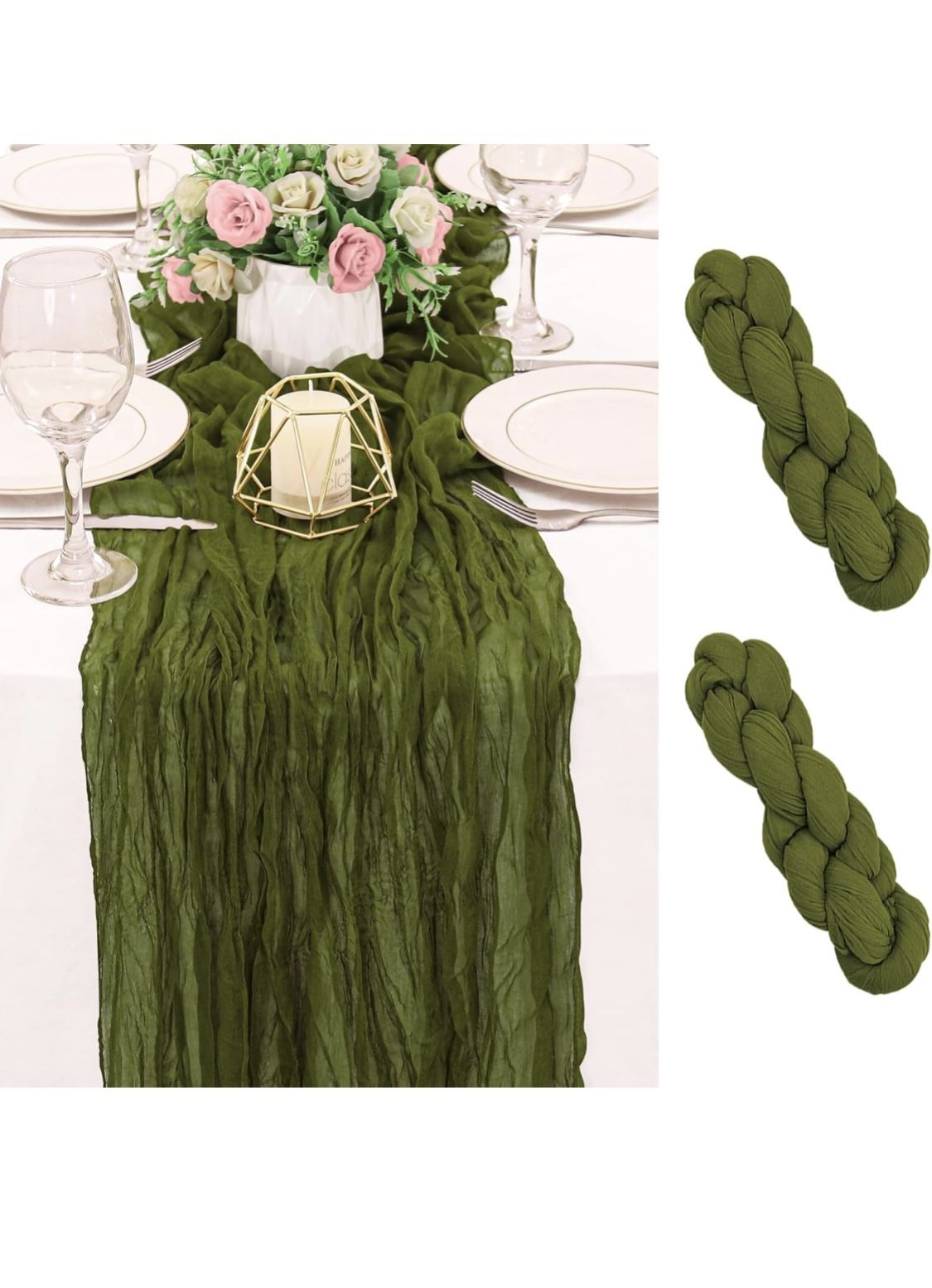 2 Pieces Olive Green 10FT Cheesecloth Table Runner Boho Gauze Fabric Table Runner Rustic Sheer Runner For Wedding Birthday Baby Shower Party Boho Tabl
