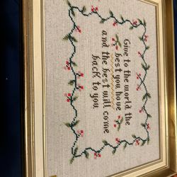 Vintage Framed Cross Stitch Mother Theresa Quote Gold Frame No Glass 18 X 14