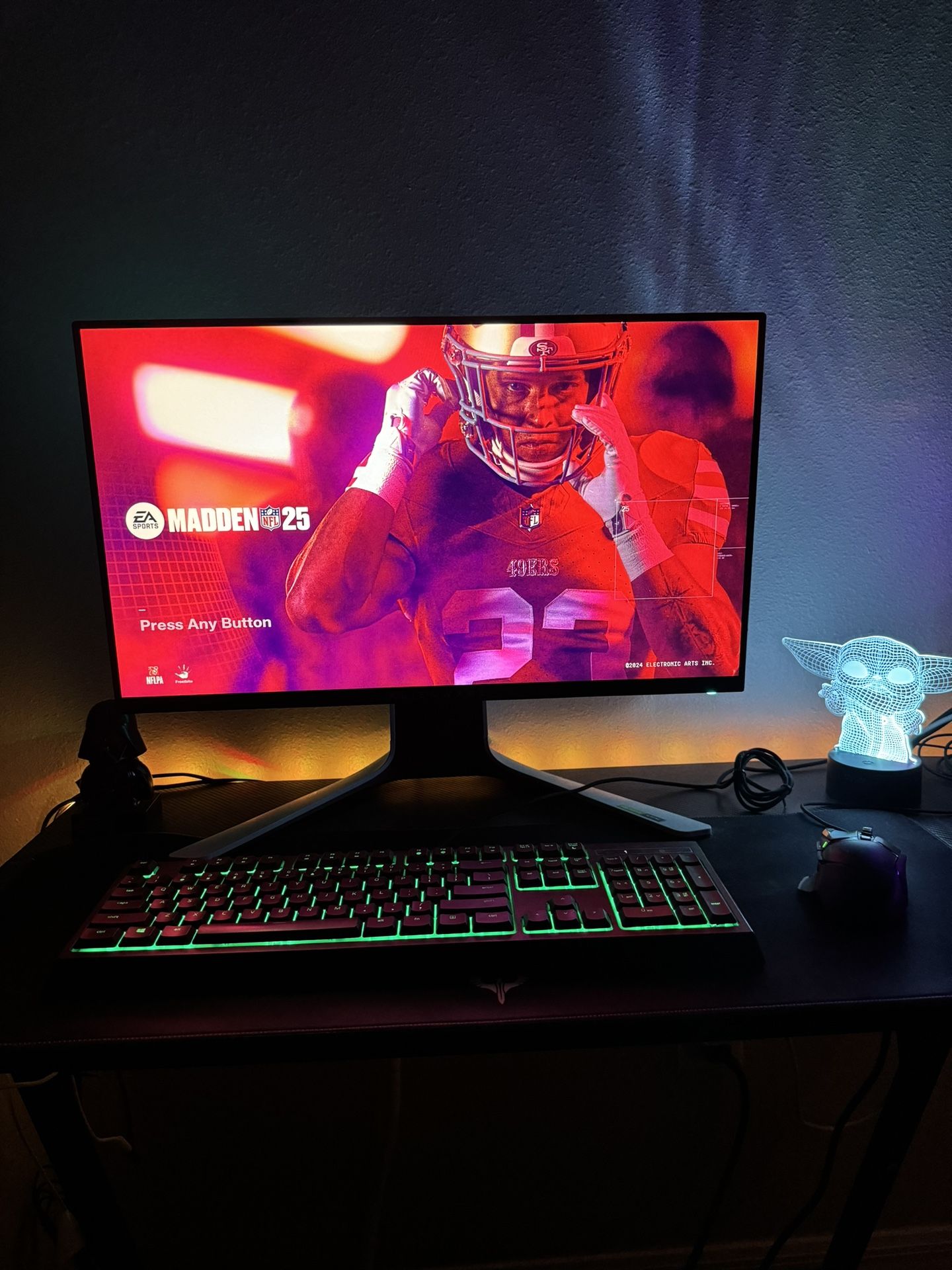 GAMER SET UP - MONITOR, DESKTOP, KEYBOARD, MOUSE, HEADSET, CHAIR, TABLE.
