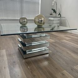 Modern Glass Coffee Table set– Thick Glass + Mirrored Base