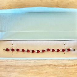 Diane Lo’ren Red Heart Crystal Tennis Bracelet 6.5” Sparkly Icy White Gold Tone 