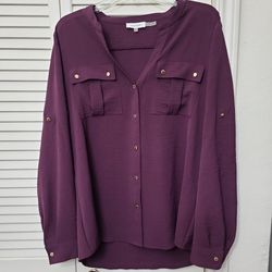 Calvin Klein Textured Roll Up Gold Buttoned Aubergine Purple Blouse Size LGG 