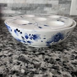 LILLIAN VERNON Blue & White Hand Painted Ceramic Crocus Bulb Bowl