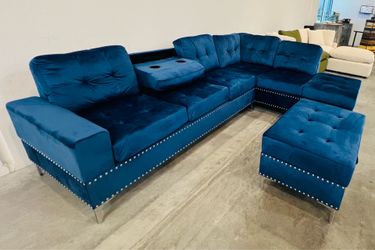 Julia Blue Reversible Sectional w/ Drop Down and Storage Ottoman