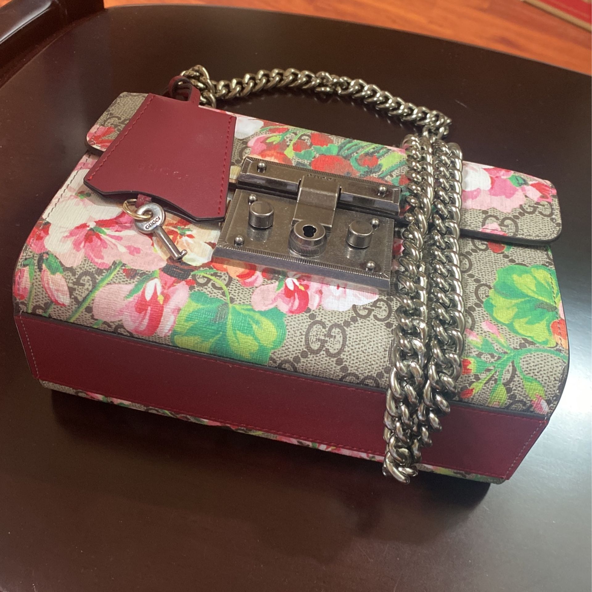 Red Gucci Dionysus Blooms Padlock Crossbody Bag GG Coated Canvas Small