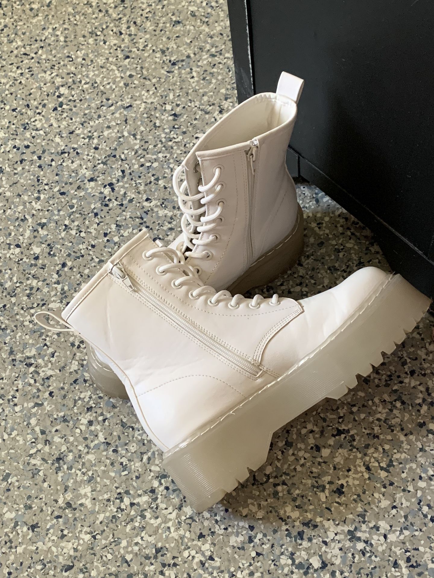 White Lace up Lug Sole Boots
