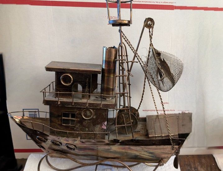 Vintage Musical Copper Brass Catamaran Shrimp Fishing Boat. Wind The Propeller And The Music Box Plays. Berkeley Designs 12" H x 11 1/2" L