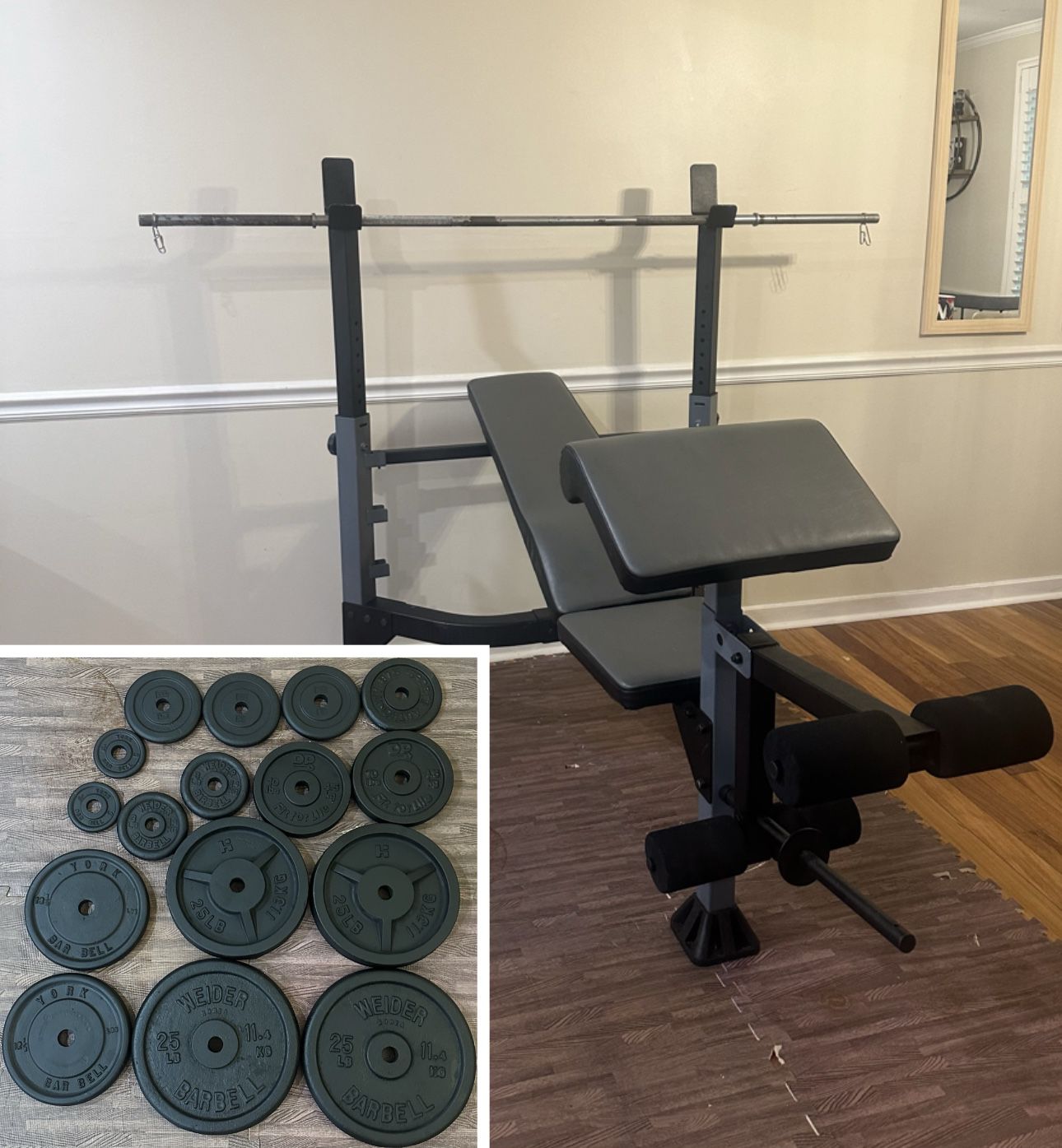 Complete Home Gym Bench Press + 190bs Weight Set + Preacher Curl + Leg Developer