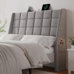 Ergonomic Headboard Full Size with Charging Station, Light Grey