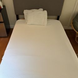 Queen Upholstered Headboard Bed+box Spring  Almost New Gray Studded 