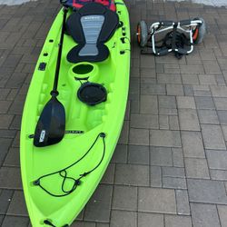 LIFETIME—10’ TOP SITTING KAYAK W CUSHIONED SEAT AND LARGE  LIFEVEST AND KAYAK TROLLEY