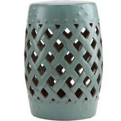 13" Multi-Use Ceramic Garden Stool / Round Side Table / Foot Rest with Lattice Ring Design Antique - Blue Green