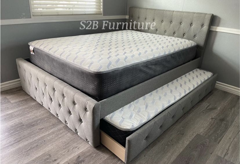 Full Twin Grey Frenchi Trundle Bed With Ortho Mattress! for Sale in