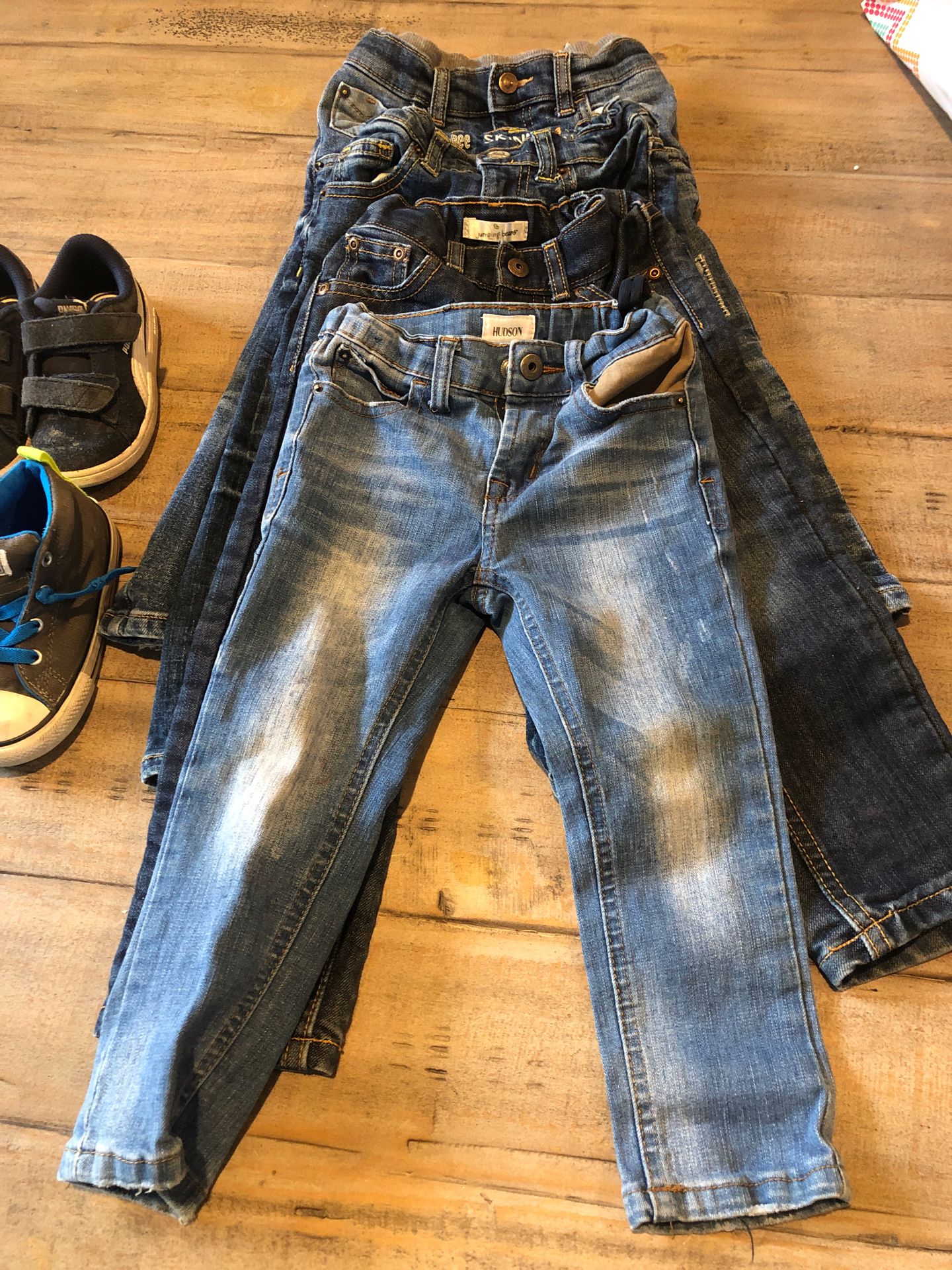 Four pairs 3 T Boy Toddler Jeans. Four pair shoes (Conerse and Puma) size 8