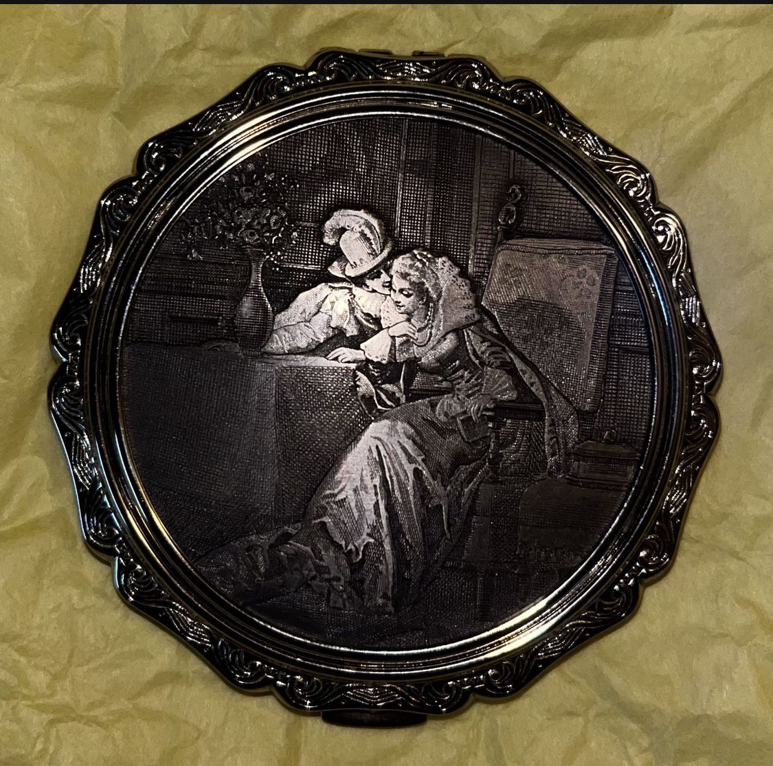 Vintage Stratton Silver Tone Metal Compact With Classical Scene of Couple, Made in England, Collectible Ladies Powder Compact